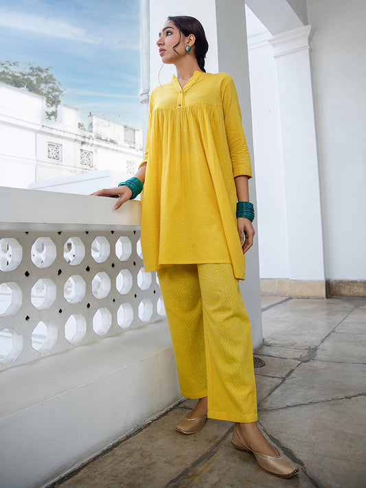 Janasya Gathered Jacquard Yellow Self Design Band Collar Co-Ords