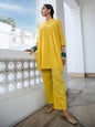 Janasya Gathered Jacquard Yellow Self Design Band Collar Co-Ords