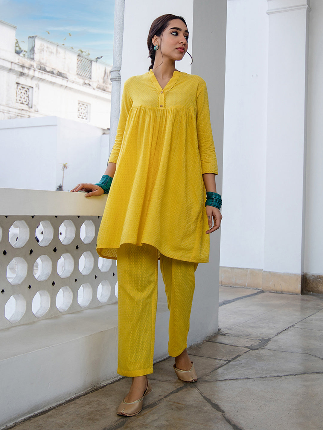 Janasya Gathered Jacquard Yellow Self Design Band Collar Co-Ords