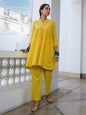 Janasya Gathered Jacquard Yellow Self Design Band Collar Co-Ords