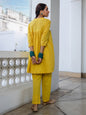 Janasya Gathered Jacquard Yellow Self Design Band Collar Co-Ords
