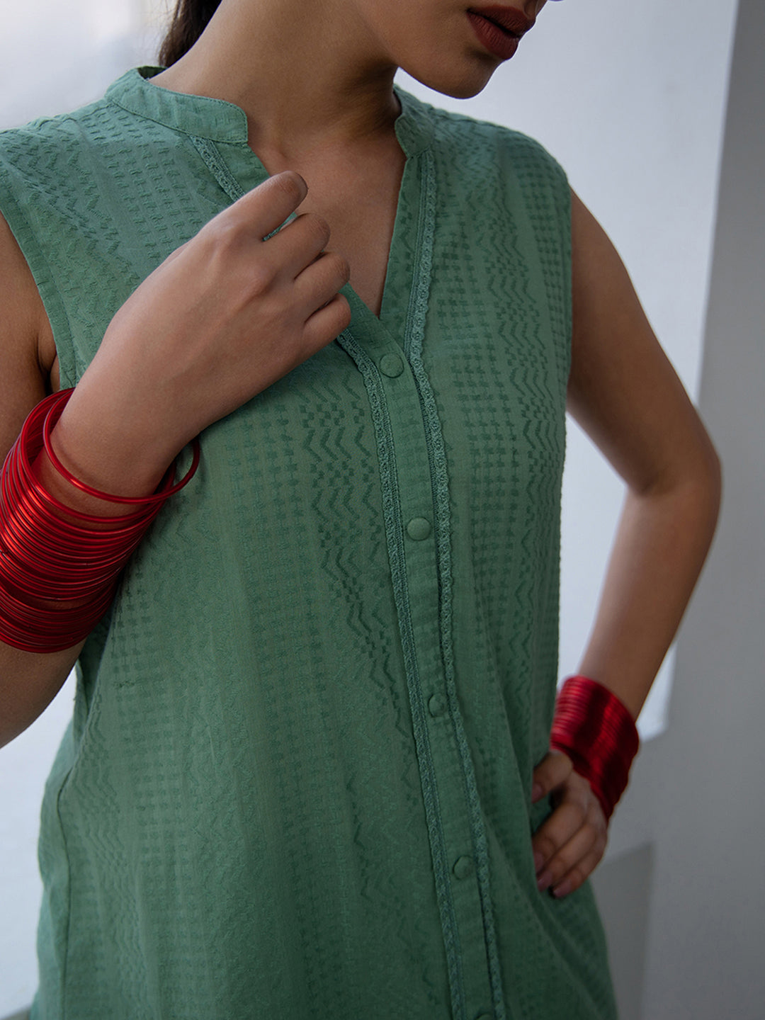 Janasya Straight Jacquard Sage Self Design V-Neck with Band Collar Kurta & Bottom