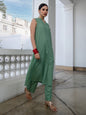 Janasya Straight Jacquard Sage Self Design V-Neck with Band Collar Kurta & Bottom