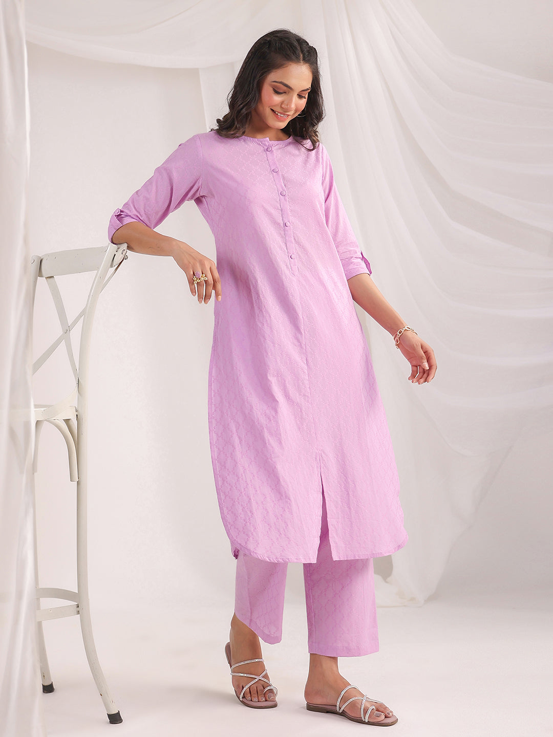 Janasya Straight Jacquard Lavender Self Design Round Neck Co-Ords