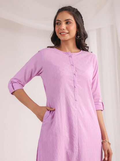 Janasya Straight Jacquard Lavender Self Design Round Neck Co-Ords