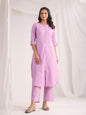 Janasya Straight Jacquard Lavender Self Design Round Neck Co-Ords