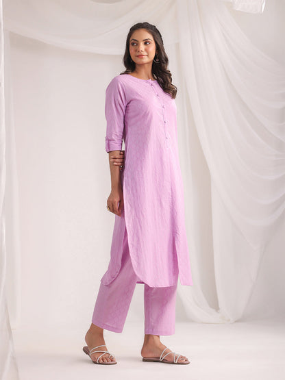 Janasya Straight Jacquard Lavender Self Design Round Neck Co-Ords