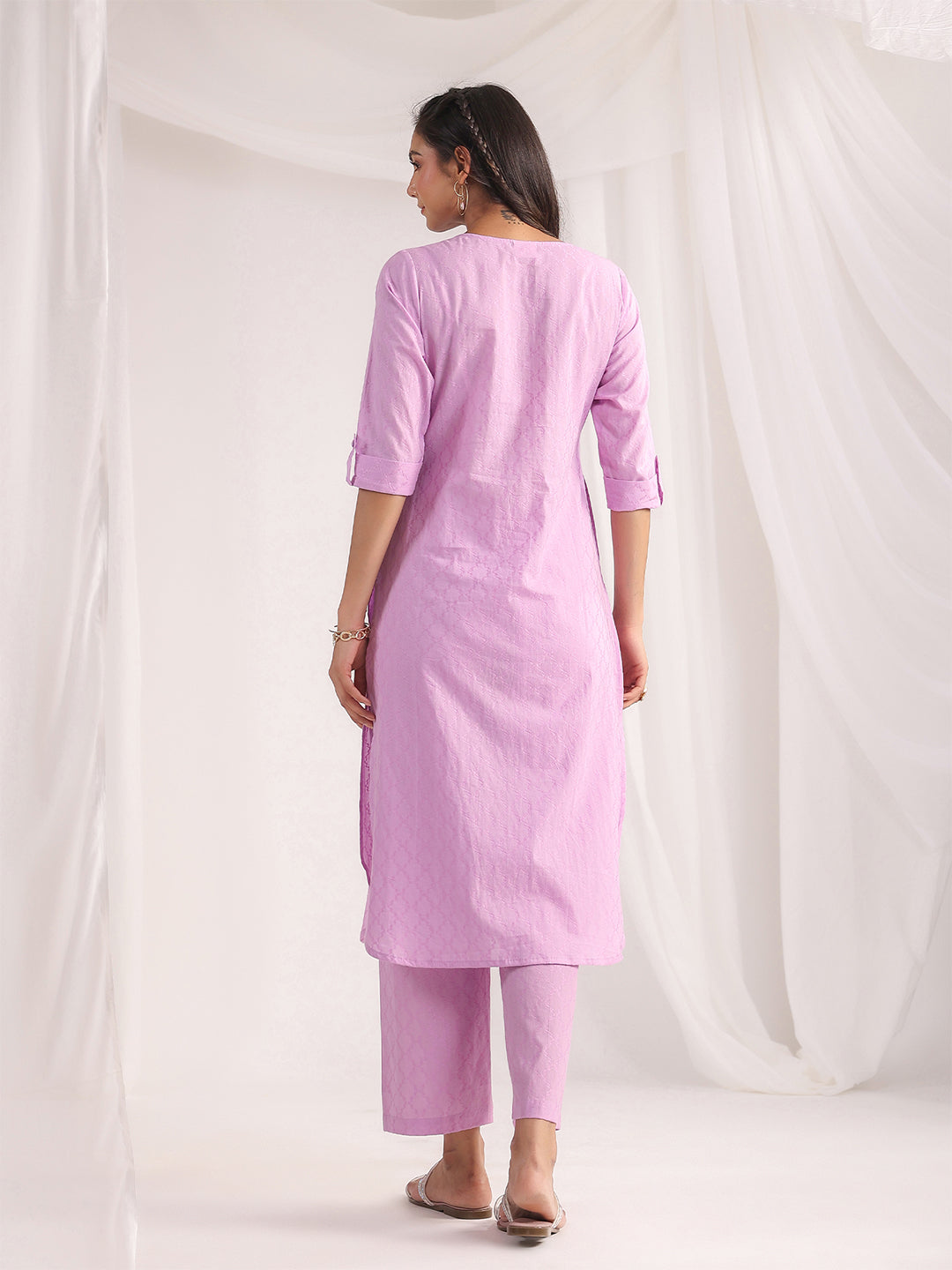 Janasya Straight Jacquard Lavender Self Design Round Neck Co-Ords