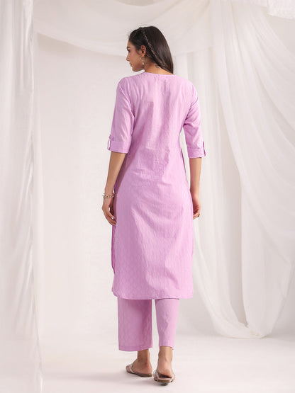 Janasya Straight Jacquard Lavender Self Design Round Neck Co-Ords