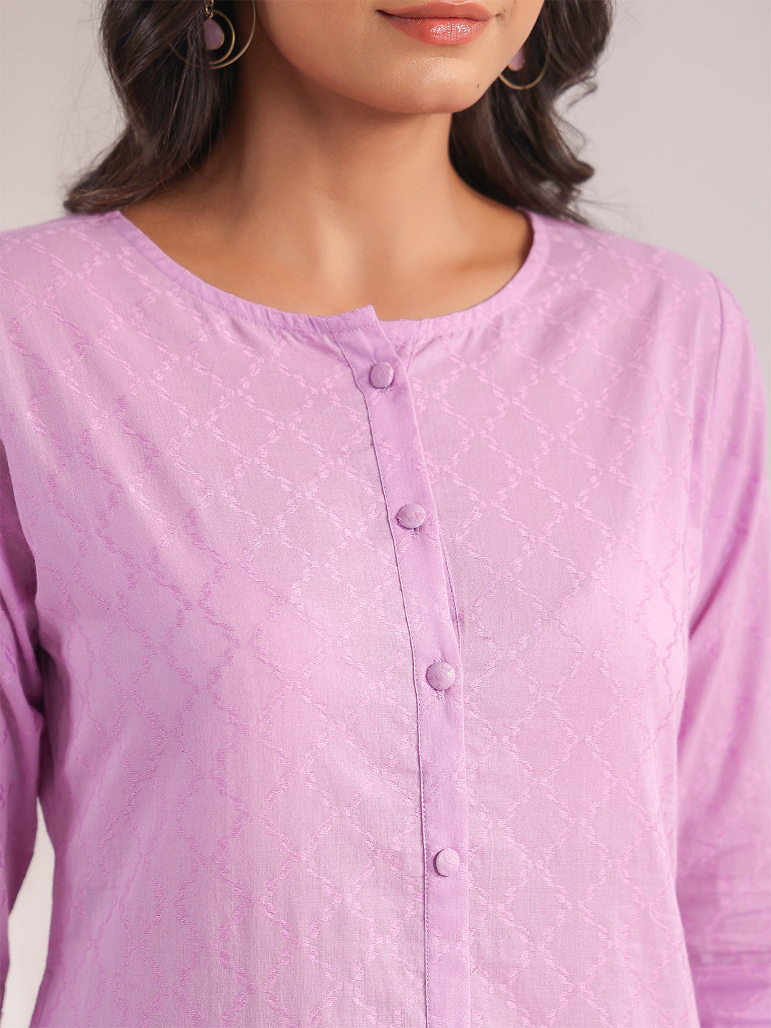 Janasya Straight Jacquard Lavender Self Design Round Neck Co-Ords