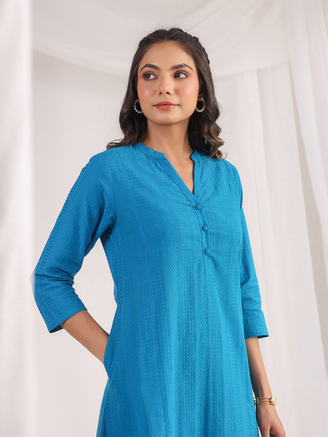 Janasya A-Line Jacquard Teal Solid Band Collar Co-Ords