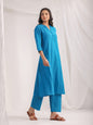 Janasya A-Line Jacquard Teal Solid Band Collar Co-Ords