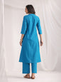 Janasya A-Line Jacquard Teal Solid Band Collar Co-Ords