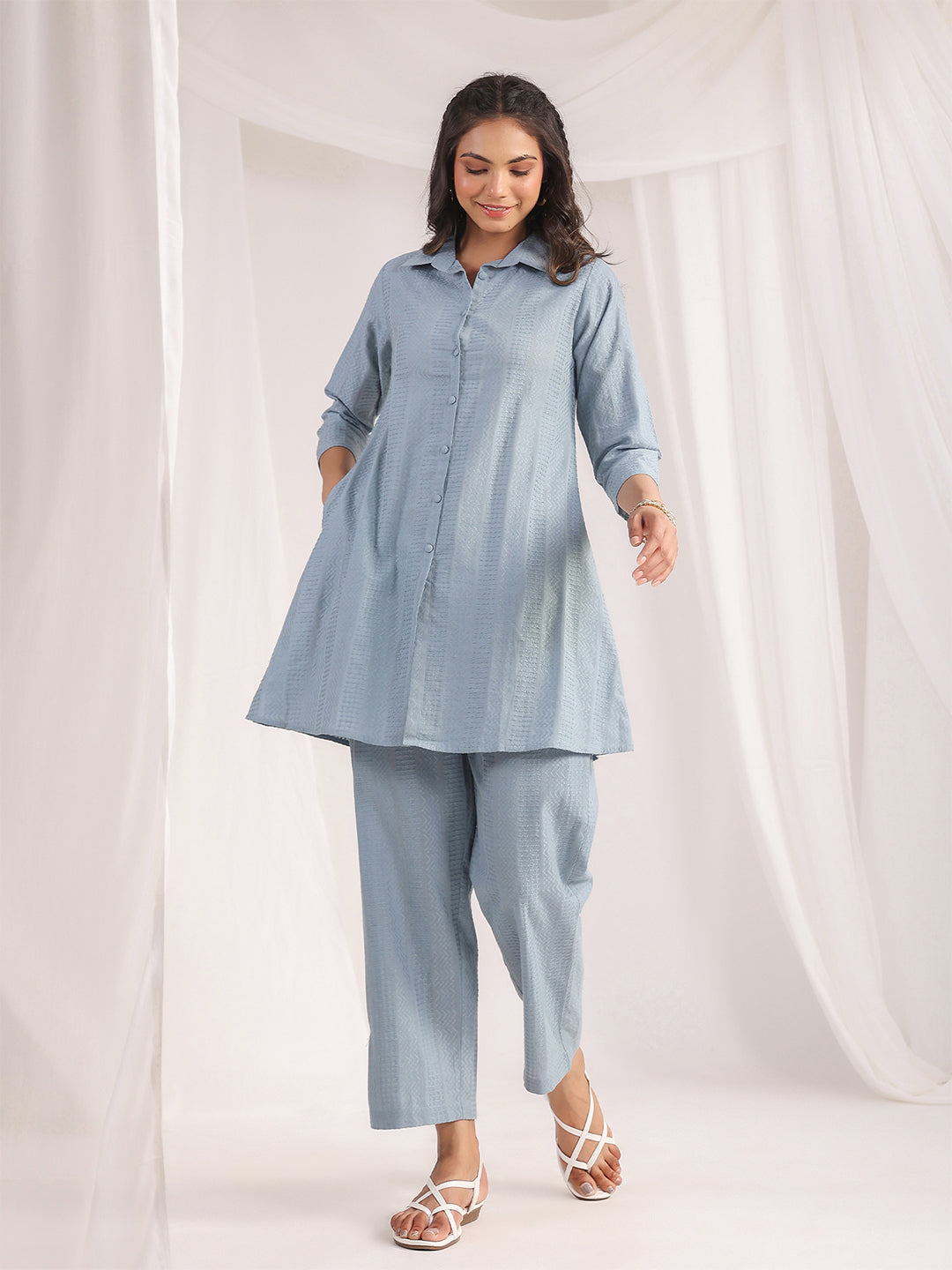 Janasya Light Jacquard Self Design Shirt Top & Bottom Set