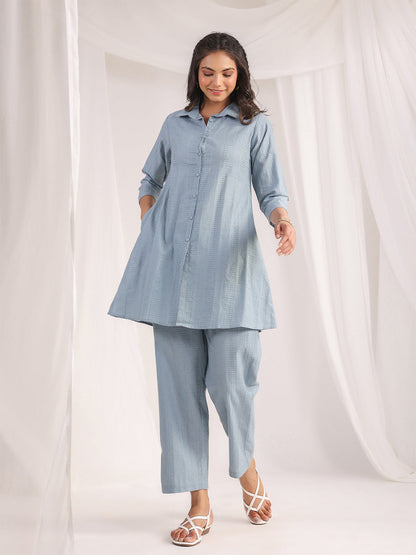 Janasya Light Jacquard Self Design Shirt Top & Bottom Set