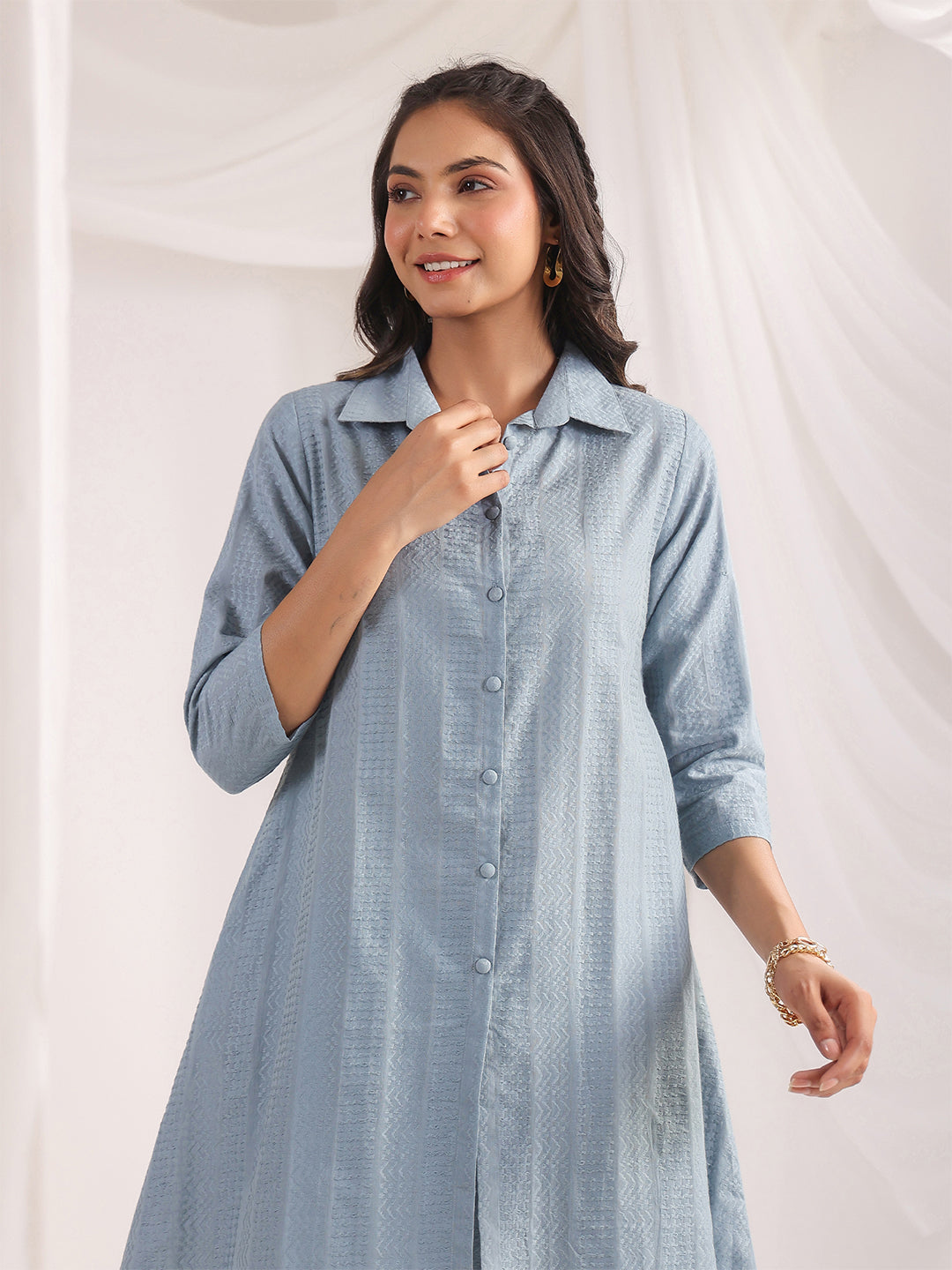 Janasya Light Jacquard Self Design Shirt Top & Bottom Set