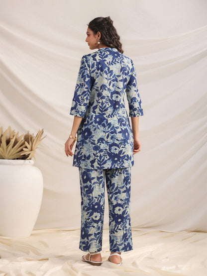 Janasya Dark Cotton Floral Straight Top & Bottom Set