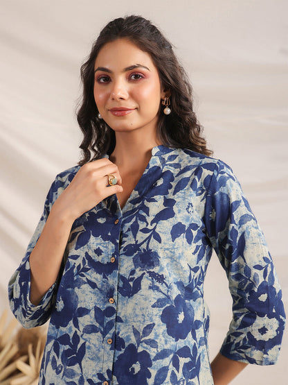 Janasya Dark Cotton Floral Straight Top & Bottom Set