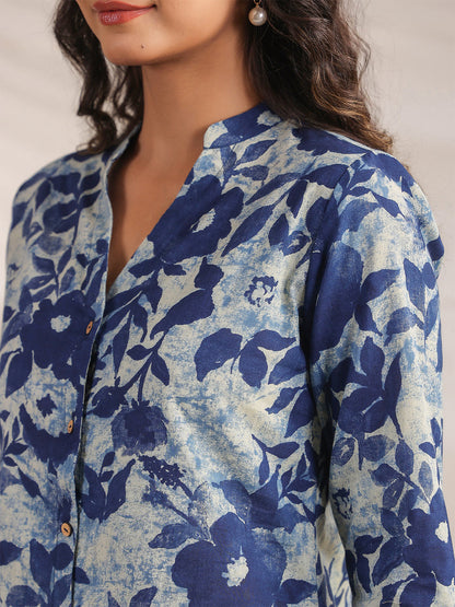 Janasya Dark Cotton Floral Straight Top & Bottom Set