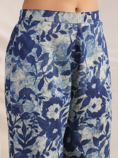 Janasya Dark Cotton Floral Straight Top & Bottom Set