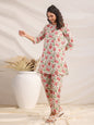 Janasya A-Line Cambric Beige Floral Round Neck Co-Ords