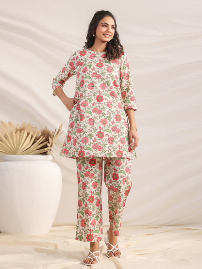 Janasya A-Line Cambric Beige Floral Round Neck Co-Ords