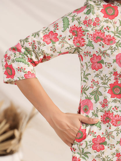 Janasya A-Line Cambric Beige Floral Round Neck Co-Ords