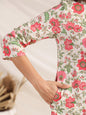 Janasya A-Line Cambric Beige Floral Round Neck Co-Ords