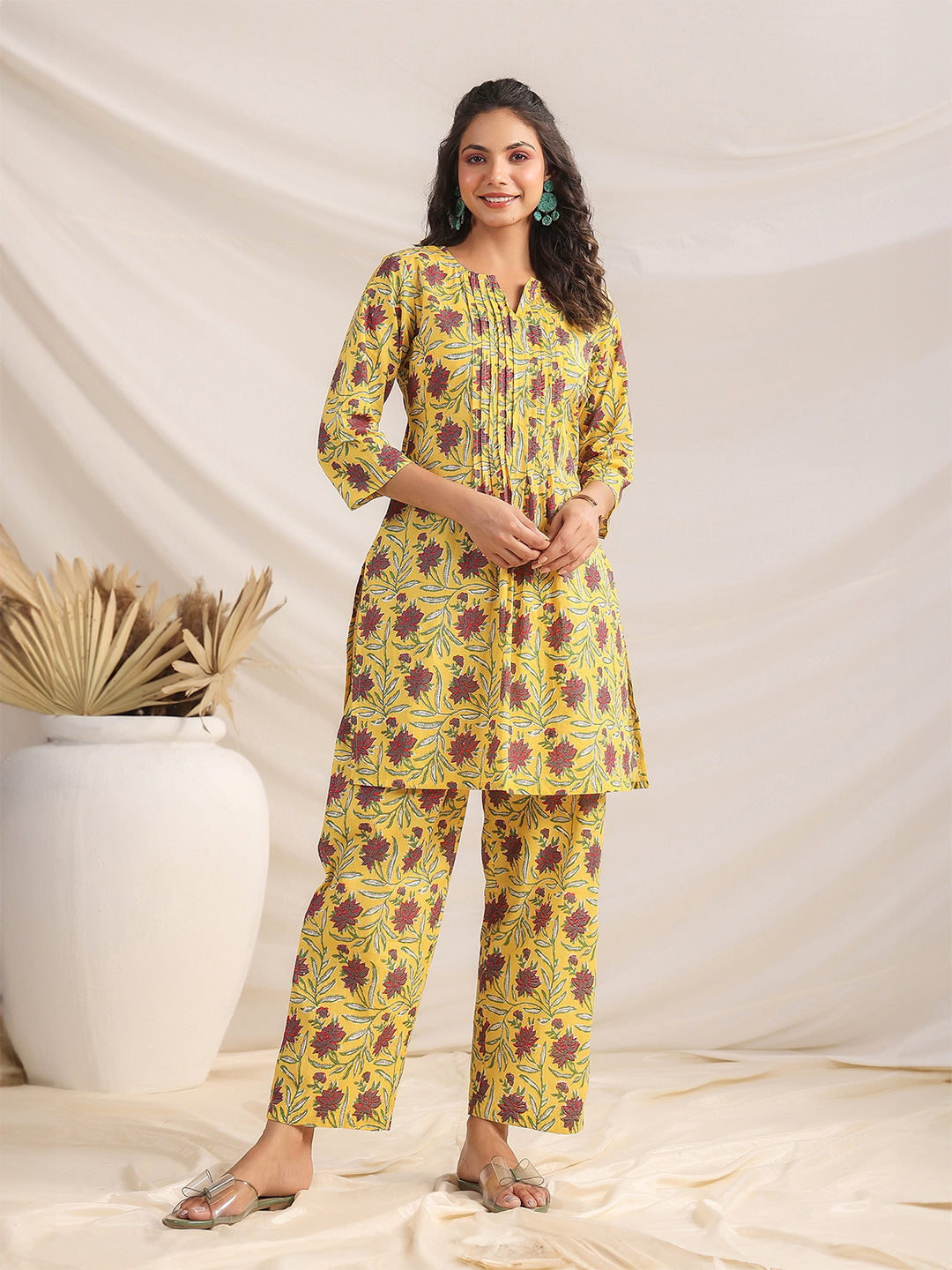 Janasya Pleated Cambric Yellow Floral Notch Neck Co-Ords