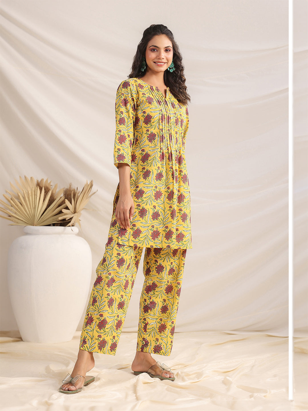 Janasya Pleated Cambric Yellow Floral Notch Neck Co-Ords
