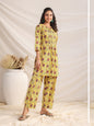 Janasya Pleated Cambric Yellow Floral Notch Neck Co-Ords