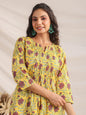 Janasya Pleated Cambric Yellow Floral Notch Neck Co-Ords