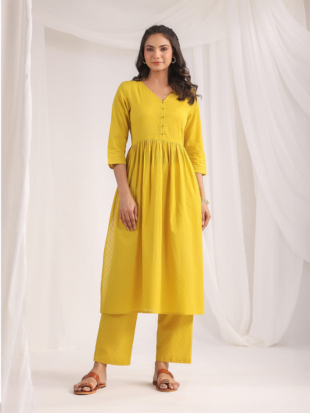 Janasya Gathering Dobby Cotton Yellow Self Design V-Neck Set