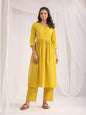 Janasya Gathering Dobby Cotton Yellow Self Design V-Neck Set