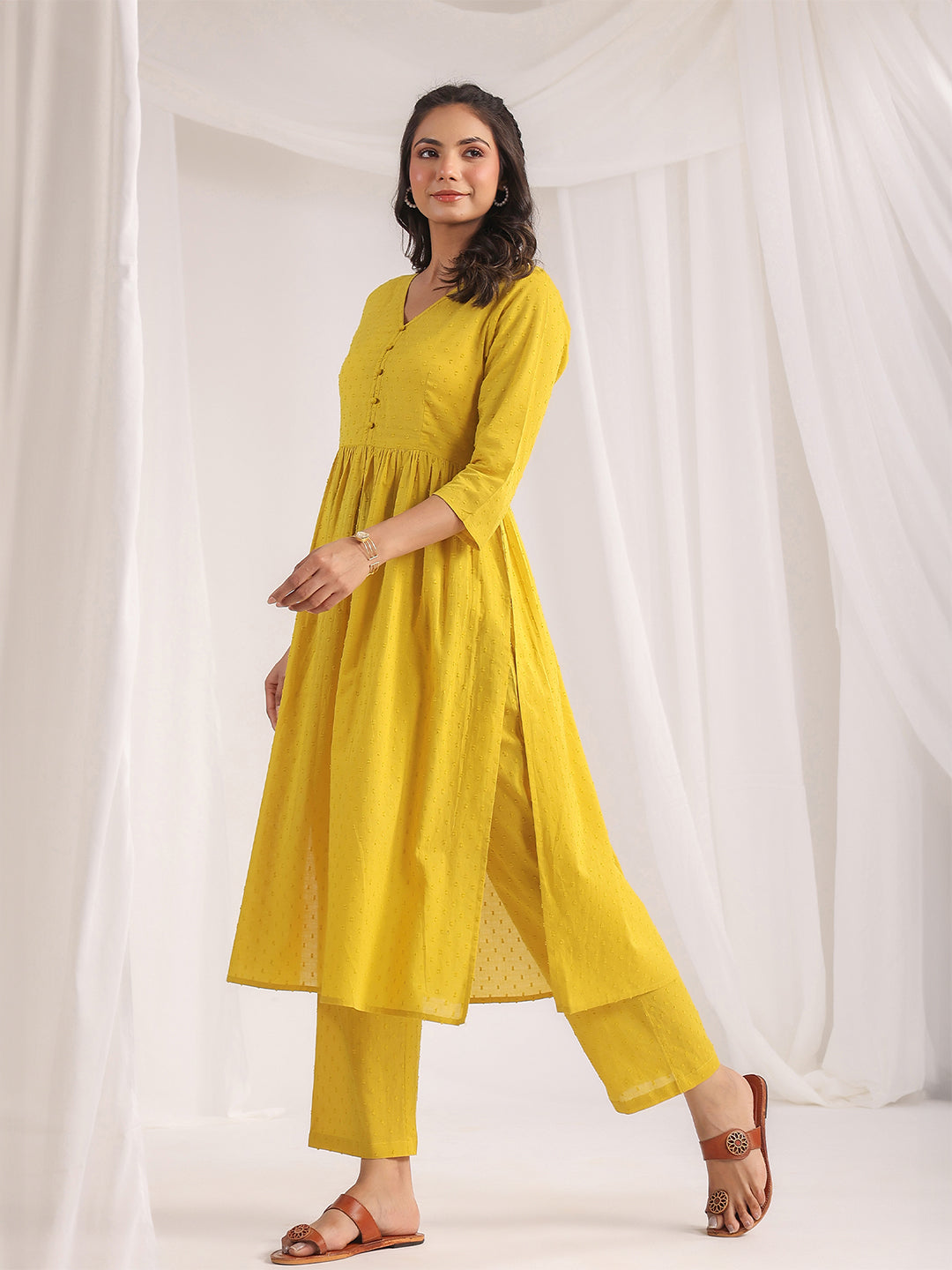 Janasya Gathering Dobby Cotton Yellow Self Design V-Neck Set
