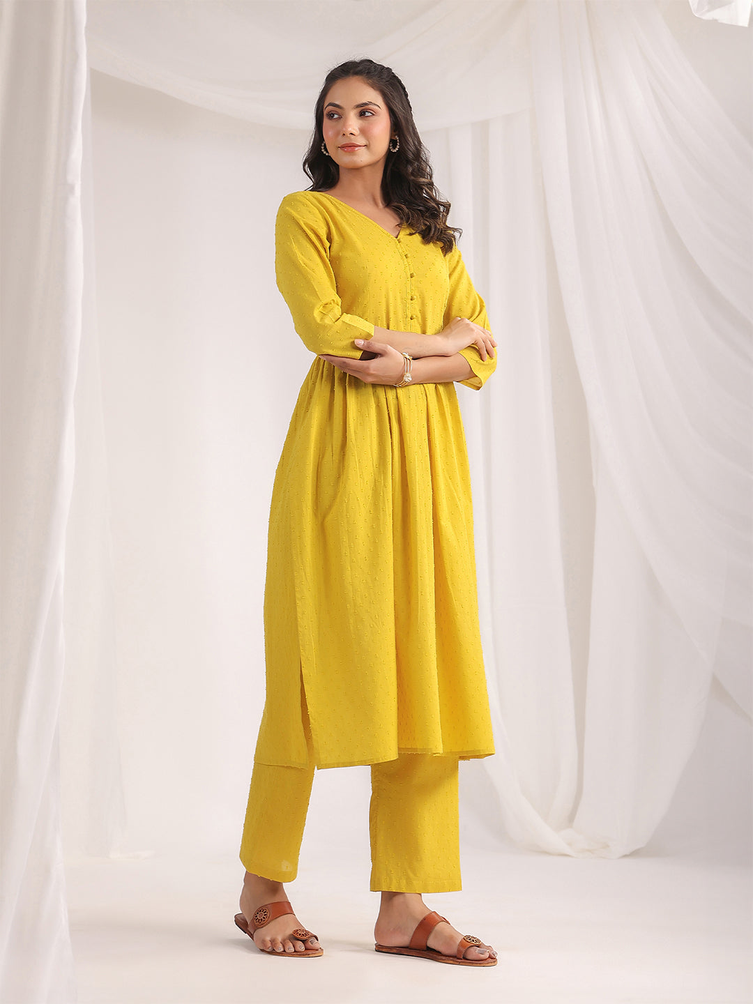 Janasya Gathering Dobby Cotton Yellow Self Design V-Neck Set