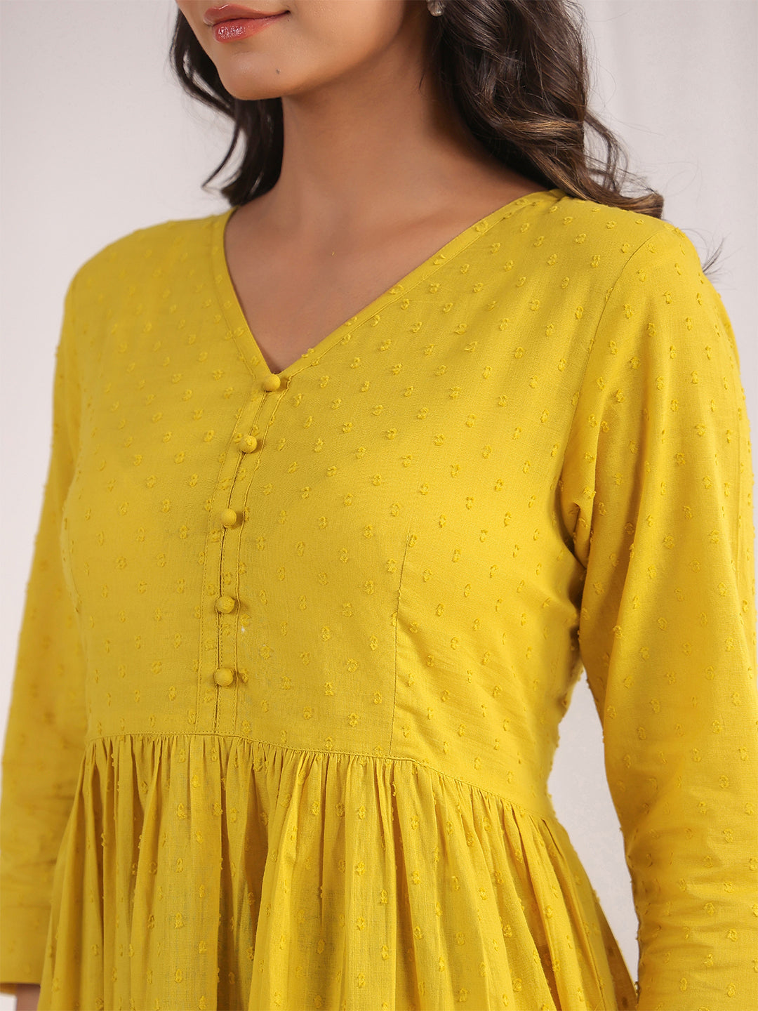 Janasya Gathering Dobby Cotton Yellow Self Design V-Neck Set