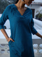 Janasya A-Line Dobby Cotton Teal Self Design V-Neck Co-Ords