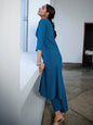 Janasya A-Line Dobby Cotton Teal Self Design V-Neck Co-Ords