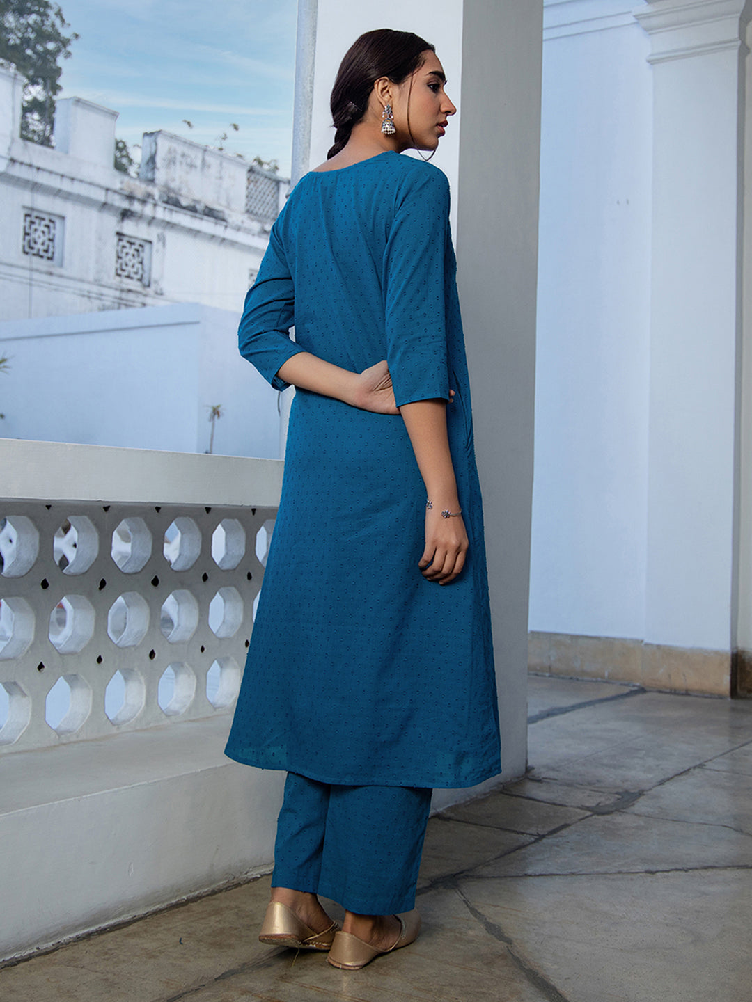 Janasya A-Line Dobby Cotton Teal Self Design V-Neck Co-Ords