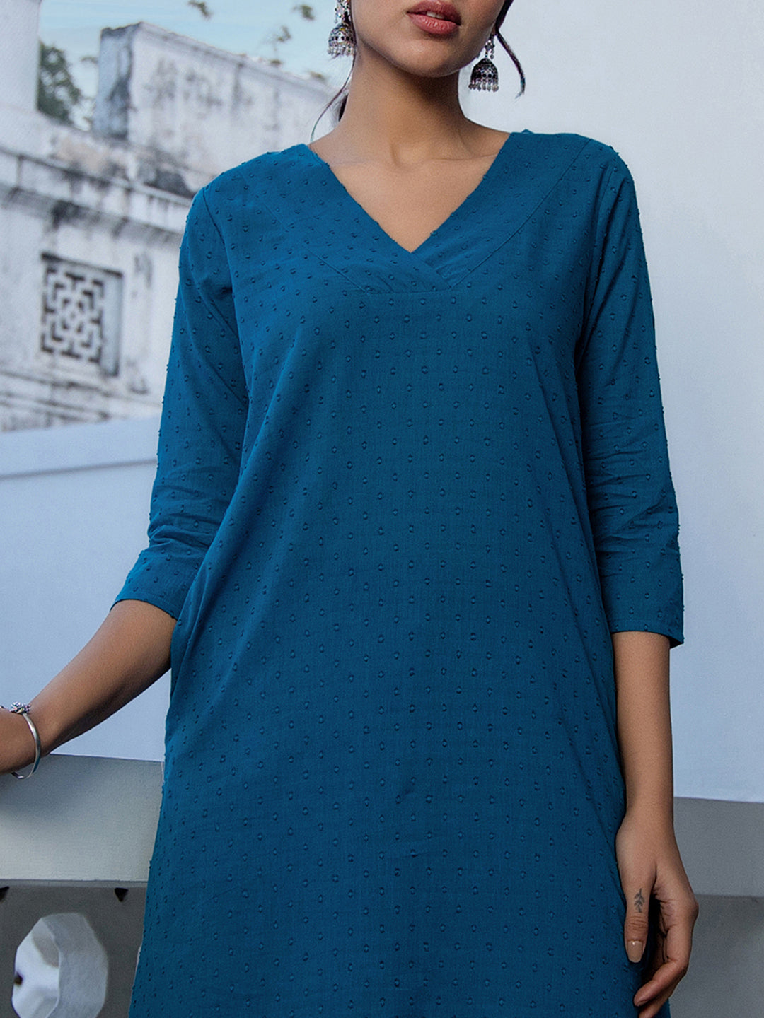 Janasya A-Line Dobby Cotton Teal Self Design V-Neck Co-Ords