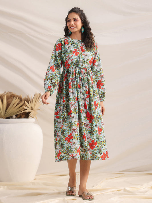Janasya Pleated Cambric Blue Floral Band Collar Dress