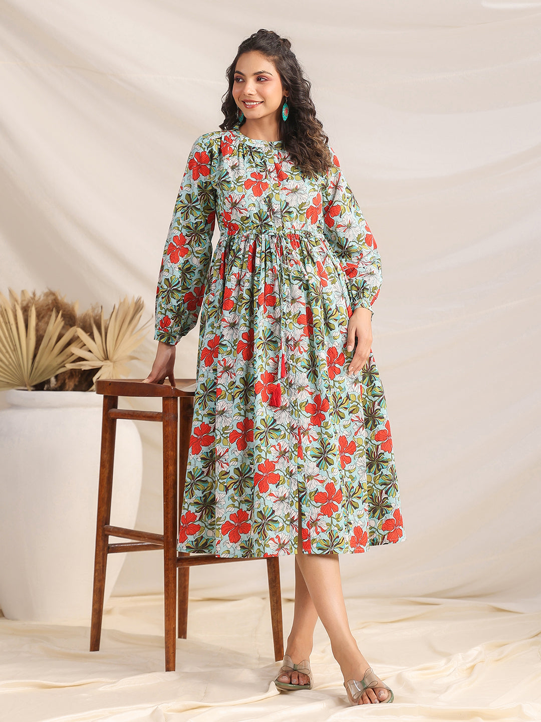 Janasya Pleated Cambric Blue Floral Band Collar Dress