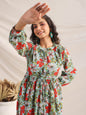Janasya Pleated Cambric Blue Floral Band Collar Dress
