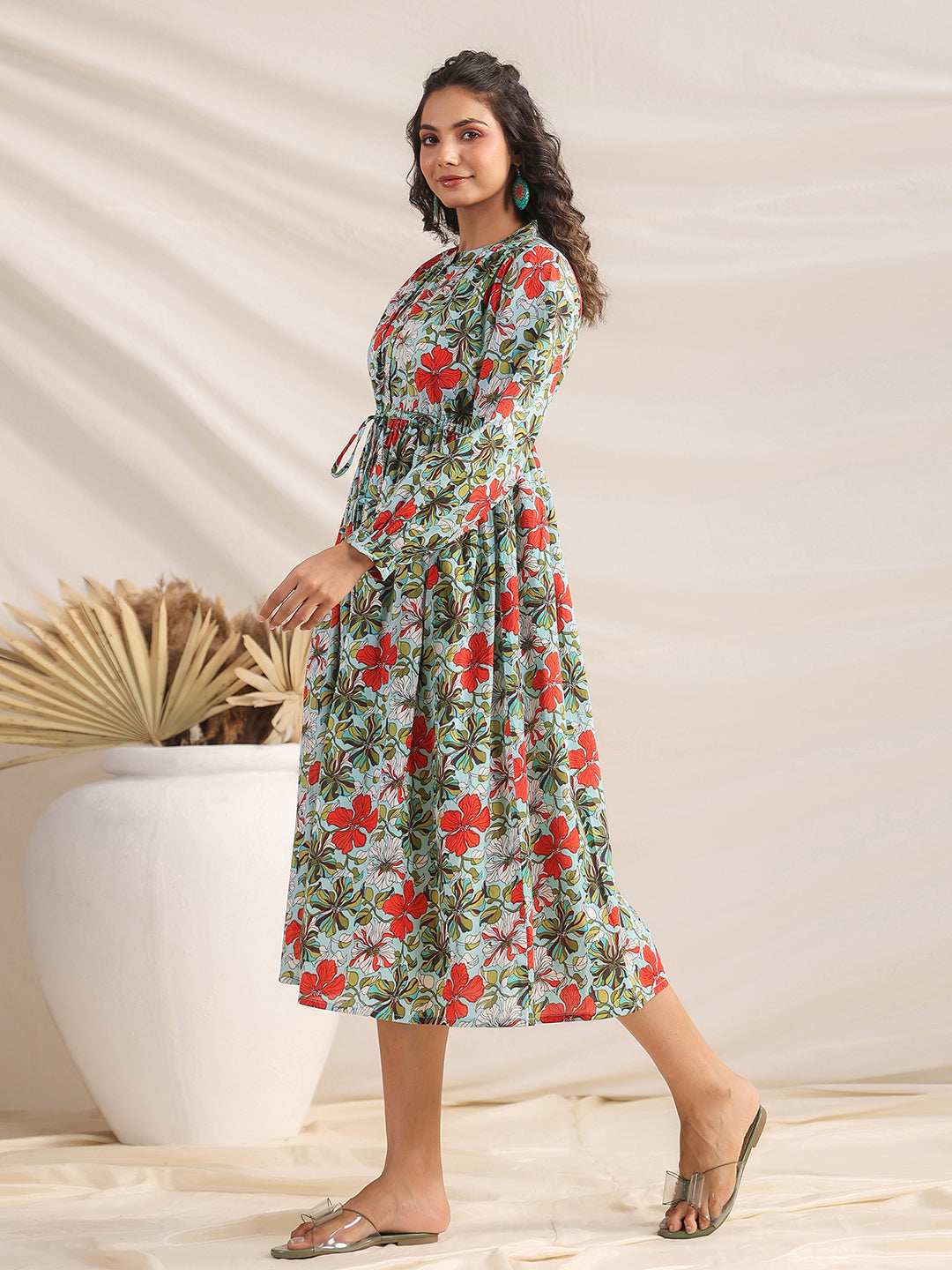 Janasya Pleated Cambric Blue Floral Band Collar Dress
