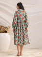 Janasya Pleated Cambric Blue Floral Band Collar Dress