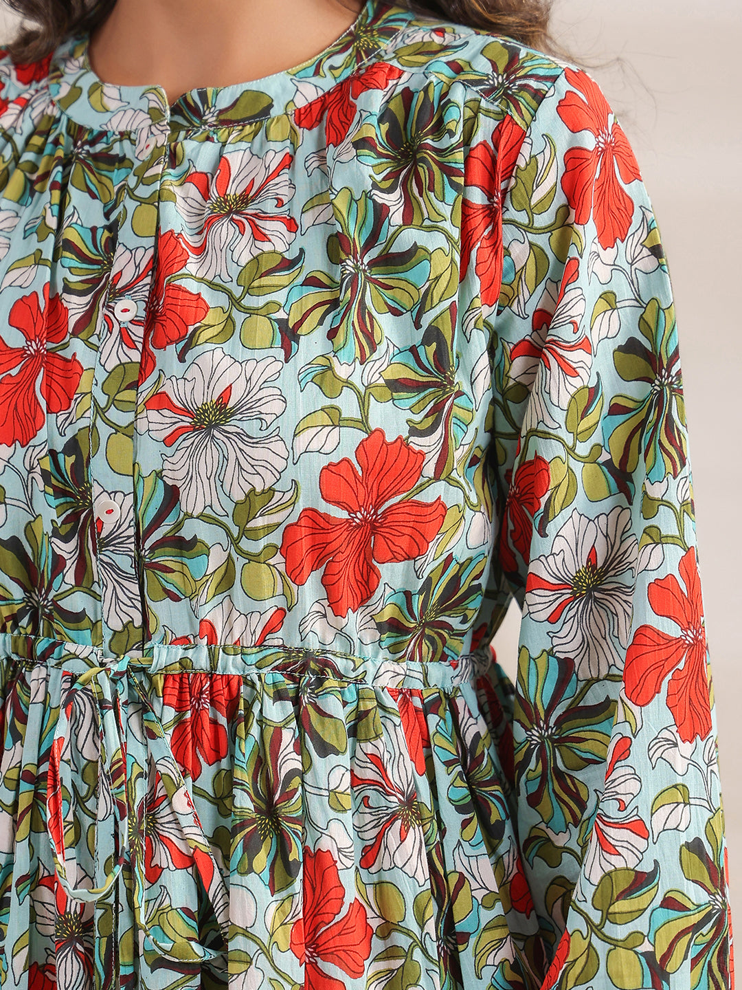 Janasya Pleated Cambric Blue Floral Band Collar Dress