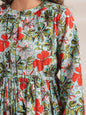 Janasya Pleated Cambric Blue Floral Band Collar Dress