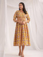 Janasya Gathered Cambric Mustard Ethnic Motifs V-Neck Dress
