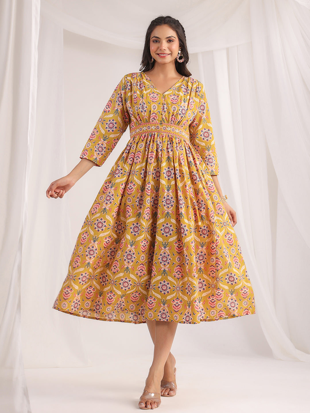 Janasya Gathered Cambric Mustard Ethnic Motifs V-Neck Dress